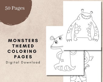 Digital Download, Monsters Themed Coloring Book, PDF Printable Pages