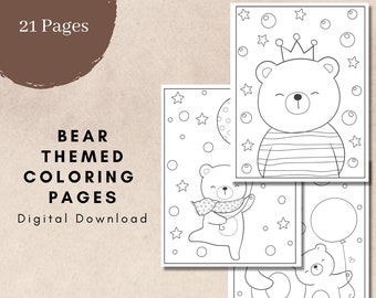 Bear Themed Coloring Book, PDF Printable Pages, Digital Download