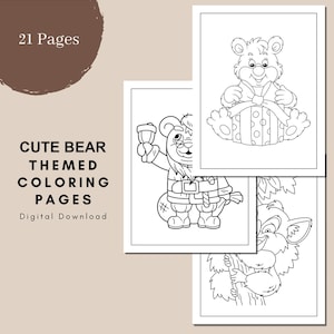Cute Bear Themed Coloring Book, PDF Printable Pages, Digital Download