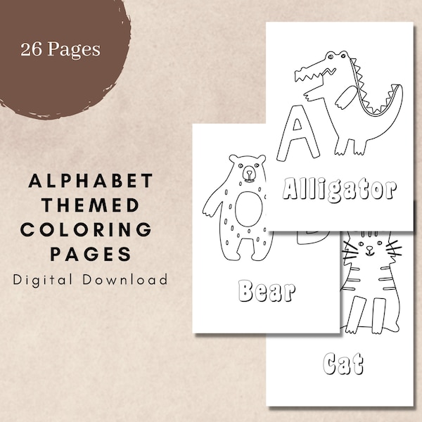 Digital Download, Alphabet Themed Coloring Book. PDF Printable Pages