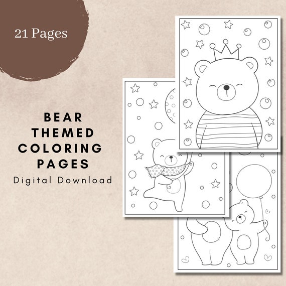 21 Pages Bear Themed Coloring Book PDF Printable Pages Digital