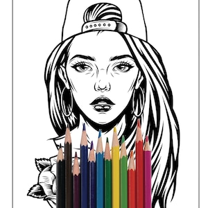 May include: A black and white line drawing of a person with long hair wearing a baseball cap. The person has a rose tattoo on their neck. A set of colored pencils are in front of the drawing.