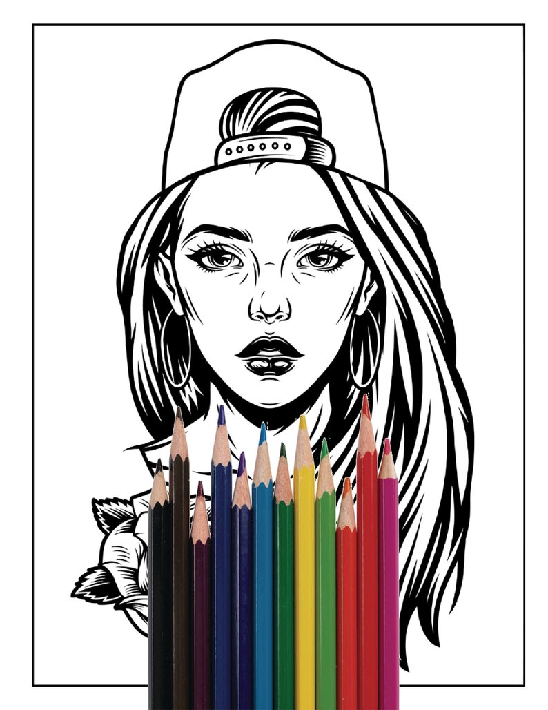 May include: A black and white line drawing of a person with long hair wearing a baseball cap. The person has a rose tattoo on their neck. A set of colored pencils are in front of the drawing.