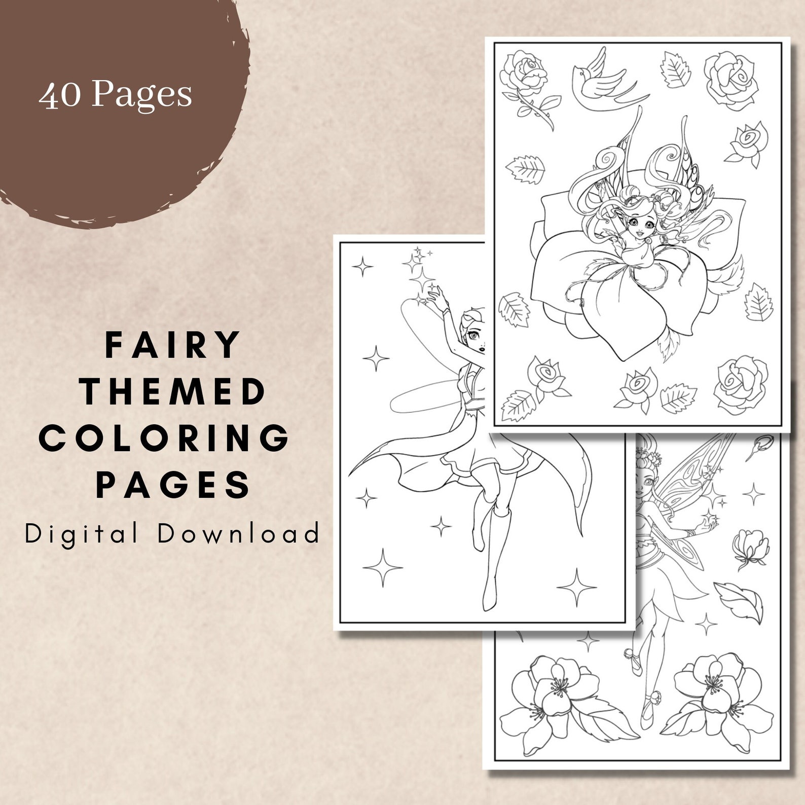 Fairy Themed Coloring Book PDF Printable Pages Digital - Etsy