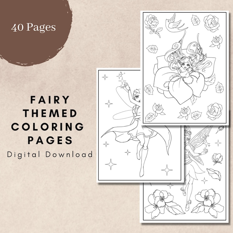 Fairy Themed Coloring Book, PDF Printable Pages, Digital Download - Etsy