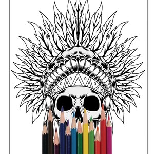 May include: A black and white line drawing of a skull wearing a Native American headdress. A set of colored pencils are in front of the skull.