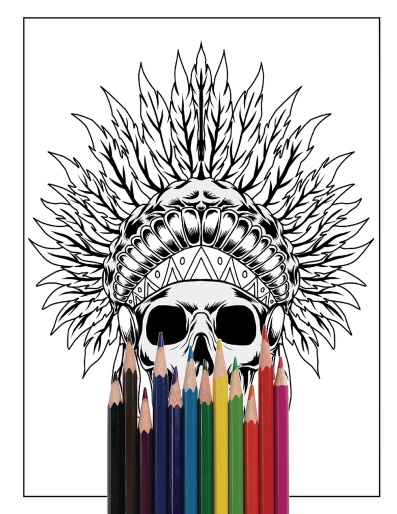 May include: A black and white line drawing of a skull wearing a Native American headdress. A set of colored pencils are in front of the skull.