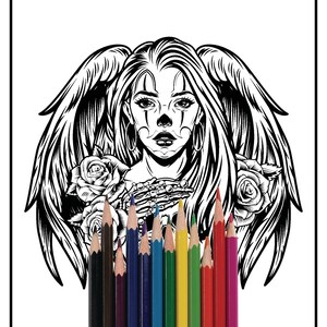 May include: A black and white illustration of a woman with angel wings, a skull face, and roses. The woman is holding a rosary in her hands. A set of colored pencils are in the foreground.