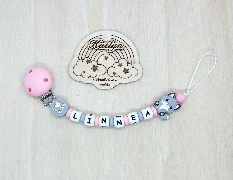 Babygeschenk Schnullerkette mit Name , kinderwagenkette, schlüsselanhänger und Greifling aus silikon perlen Fuchs Ring adaptor gratis Schnullerkette