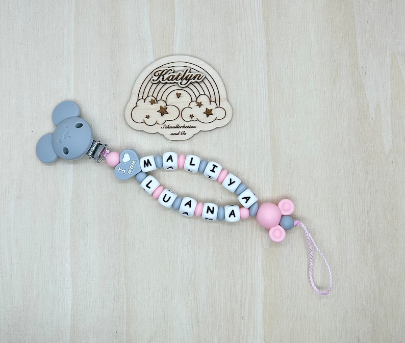 Babygeschenk Schnullerkette mit Name , kinderwagenkette, schlüsselanhänger und Greifling aus silikon perlen mädchen adaptor gratis Kette Doppelnamen