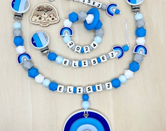 Babygeschenk Schnullerkette mit Name , kinderwagenkette, schlüsselanhänger und Greifling  aus silikon perlen Regebogen + Ring adaptor gratis