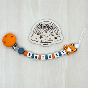 Babygeschenk Schnullerkette mit Name , kinderwagenkette, schlüsselanhänger und Greifling aus silikon perlen Fuchs Ring adaptor gratis Bild 2
