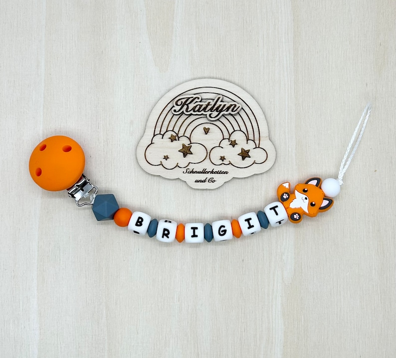 Babygeschenk Schnullerkette mit Name , kinderwagenkette, schlüsselanhänger und Greifling aus silikon perlen Fuchs Ring adaptor gratis Bild 2