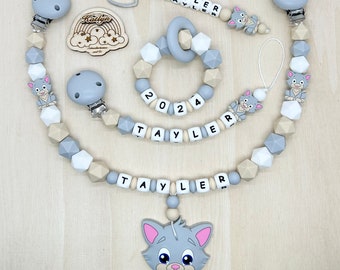 Babygeschenk Schnullerkette mit Name , kinderwagenkette, schlüsselanhänger und Greifling  aus silikon perlen Katze +  Ring adaptor gratis