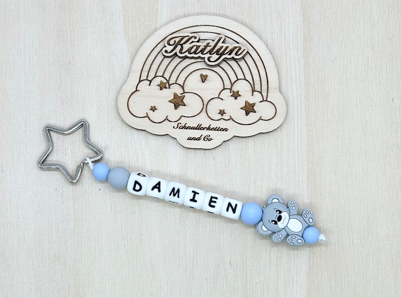 Babygeschenk Schnullerkette mit Name , kinderwagenkette, schlüsselanhänger und Greifling aus silikon perlen Bär Ring adaptor gratis Schlüsselanhänger