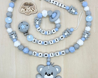 Babygeschenk Schnullerkette mit Name , kinderwagenkette, schlüsselanhänger und Greifling  aus silikon perlen Bär +  Ring adaptor gratis