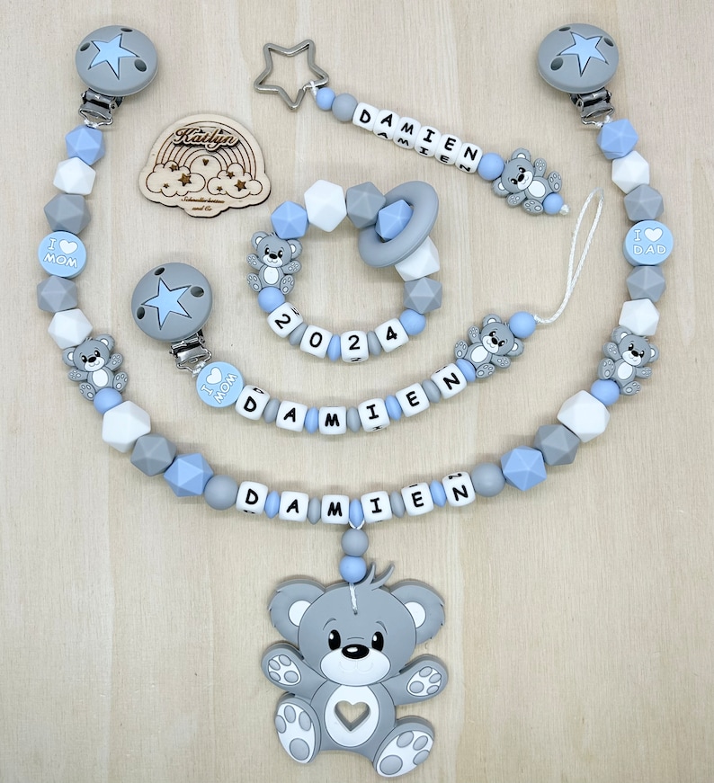 Babygeschenk Schnullerkette mit Name , kinderwagenkette, schlüsselanhänger und Greifling aus silikon perlen Bär Ring adaptor gratis Bild 1