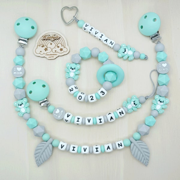 Schnullerkette mit Name  Kinderwagenkette Greifling Schlüsselanhänger bärchen  mint grau   Geschenk Set .