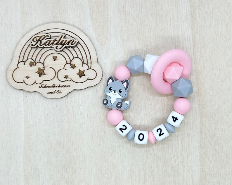 Babygeschenk Schnullerkette mit Name , kinderwagenkette, schlüsselanhänger und Greifling aus silikon perlen Fuchs Ring adaptor gratis Greifling