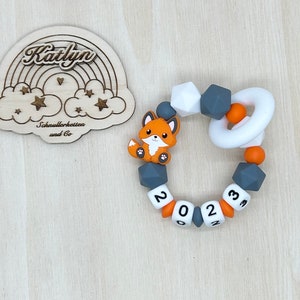 Babygeschenk Schnullerkette mit Name , kinderwagenkette, schlüsselanhänger und Greifling aus silikon perlen Fuchs Ring adaptor gratis Bild 4