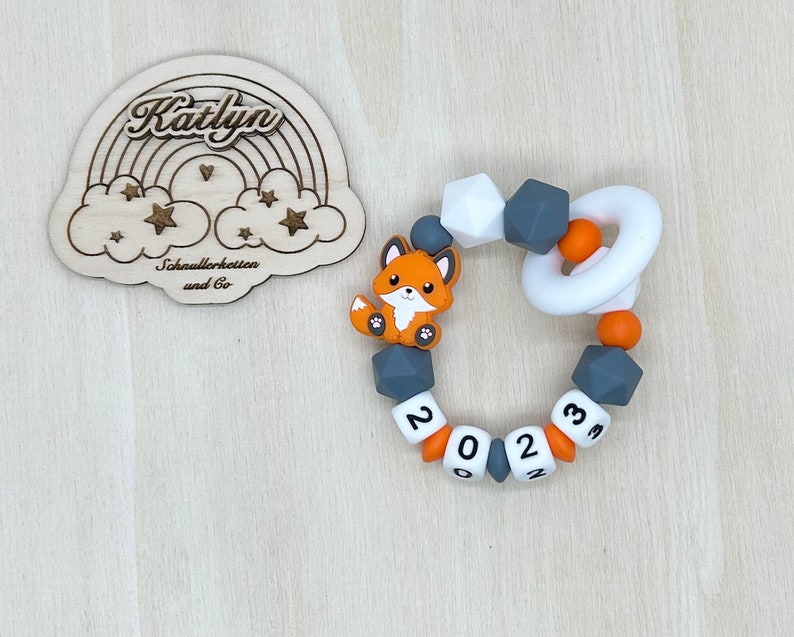 Babygeschenk Schnullerkette mit Name , kinderwagenkette, schlüsselanhänger und Greifling aus silikon perlen Fuchs Ring adaptor gratis Bild 4