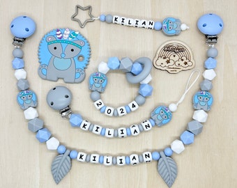 Babygeschenk Schnullerkette mit Name , kinderwagenkette, schlüsselanhänger und Greifling aus silikon perlen Igel + Ring adaptor gratis