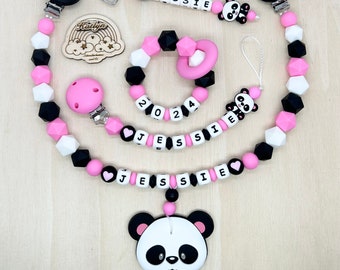 Babygeschenk Set . Schnullerkette mit Name  Kinderwagenkette Greifling Schlüsselanhänger mädchen Panda rosa