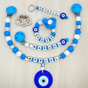 Babygeschenk Schnullerkette mit Name , kinderwagenkette, schlüsselanhänger und Greifling aus silikon perlen Nazar + Ring adaptor gratis