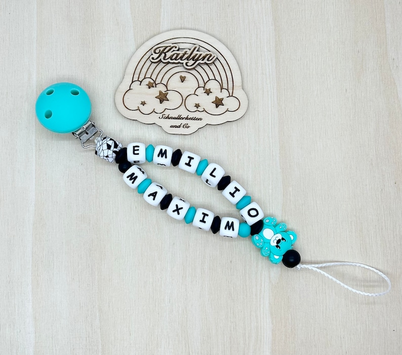 Schnullerkette mit Name Kinderwagenkette Greifling Schlüsselanhänger bärchen Babygeschenk Set . Doppelte Name