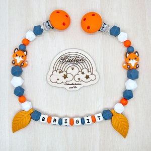 Babygeschenk Schnullerkette mit Name , kinderwagenkette, schlüsselanhänger und Greifling aus silikon perlen Fuchs Ring adaptor gratis Bild 3