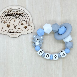 Babygeschenk Schnullerkette mit Name , kinderwagenkette, schlüsselanhänger und Greifling aus silikon perlen Bär Ring adaptor gratis Greifling