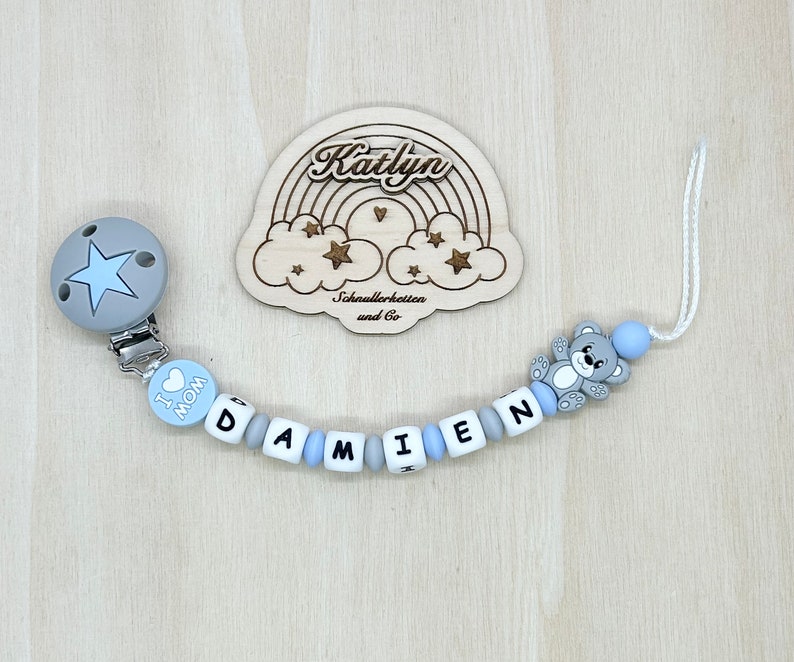 Babygeschenk Schnullerkette mit Name , kinderwagenkette, schlüsselanhänger und Greifling aus silikon perlen Bär Ring adaptor gratis Bild 2