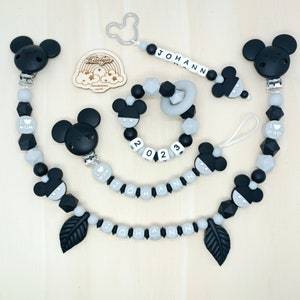 Schnullerkette mit Name komplettset, kinderwagenkette, schlüsselanhänger und Greifling aus silikon perlen+ adaptor Ring gratis