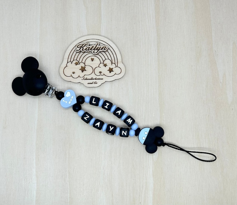 Schnullerkette mit Name komplettset, kinderwagenkette, schlüsselanhänger und Greifling aus silikon perlen adaptor gratis Bild 6