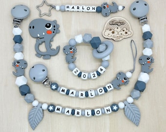 Babygeschenk Schnullerkette mit Name , kinderwagenkette, schlüsselanhänger und Greifling  aus silikon perlen Dino +  Ring adaptor gratis