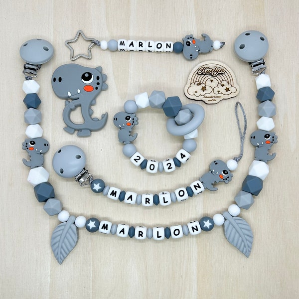 Babygeschenk Schnullerkette mit Name , kinderwagenkette, schlüsselanhänger und Greifling  aus silikon perlen Dino +  Ring adaptor gratis