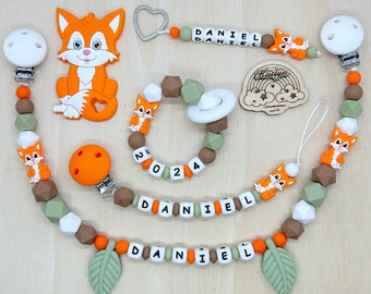 Babygeschenk Schnullerkette mit Name , kinderwagenkette, schlüsselanhänger und Greifling  aus silikon perlen Fuchs +  Ring adaptor gratis