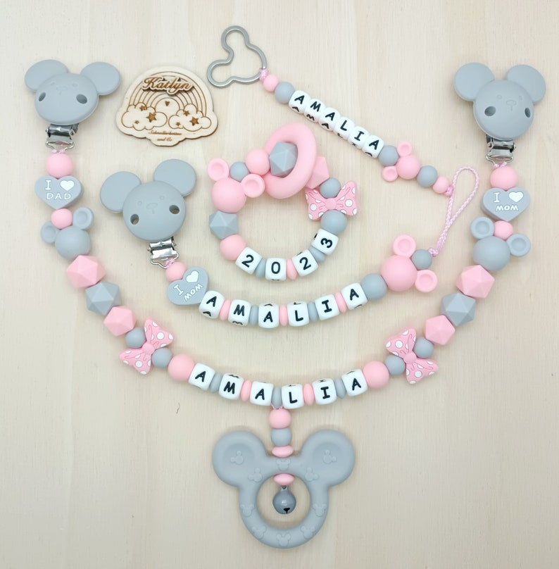 Babygeschenk Schnullerkette mit Name , kinderwagenkette, schlüsselanhänger und Greifling aus silikon perlen mädchen adaptor gratis Komplett Set