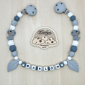 Babygeschenk Schnullerkette mit Name , kinderwagenkette, schlüsselanhänger und Greifling aus silikon perlen Dino Ring adaptor gratis Kinderwagenkette