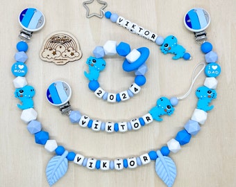 Babygeschenk Schnullerkette mit Name , kinderwagenkette, schlüsselanhänger und Greifling  aus silikon perlen Dino +  Ring adaptor gratis