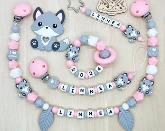 Babygeschenk Schnullerkette mit Name , kinderwagenkette, schlüsselanhänger und Greifling  aus silikon perlen Fuchs +  Ring adaptor gratis