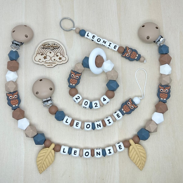 Babygeschenk Set . Schnullerkette mit Name Kinderwagenkette Greifling Schlüsselanhänger Eule