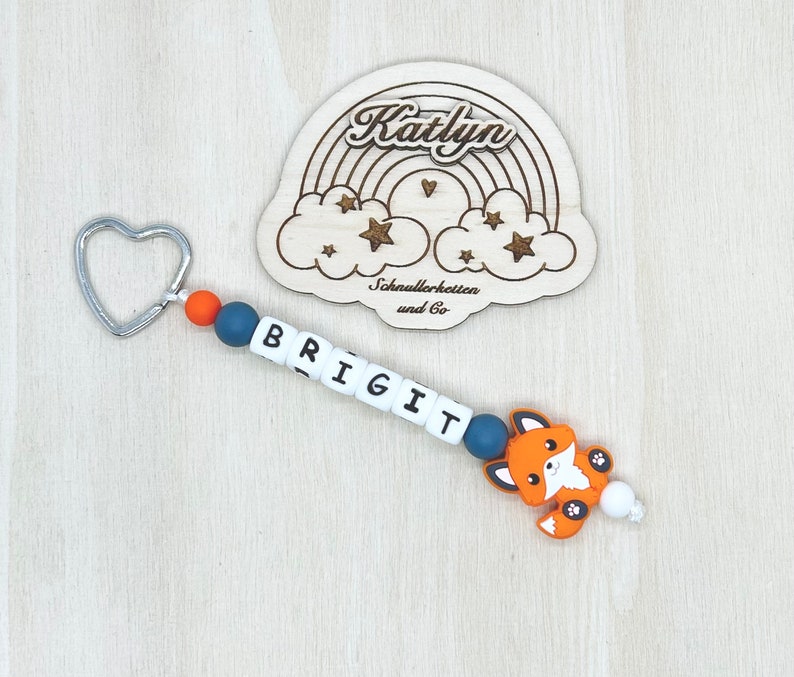 Babygeschenk Schnullerkette mit Name , kinderwagenkette, schlüsselanhänger und Greifling aus silikon perlen Fuchs Ring adaptor gratis Bild 5