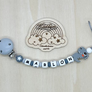 Babygeschenk Schnullerkette mit Name , kinderwagenkette, schlüsselanhänger und Greifling aus silikon perlen Dino Ring adaptor gratis Bild 2