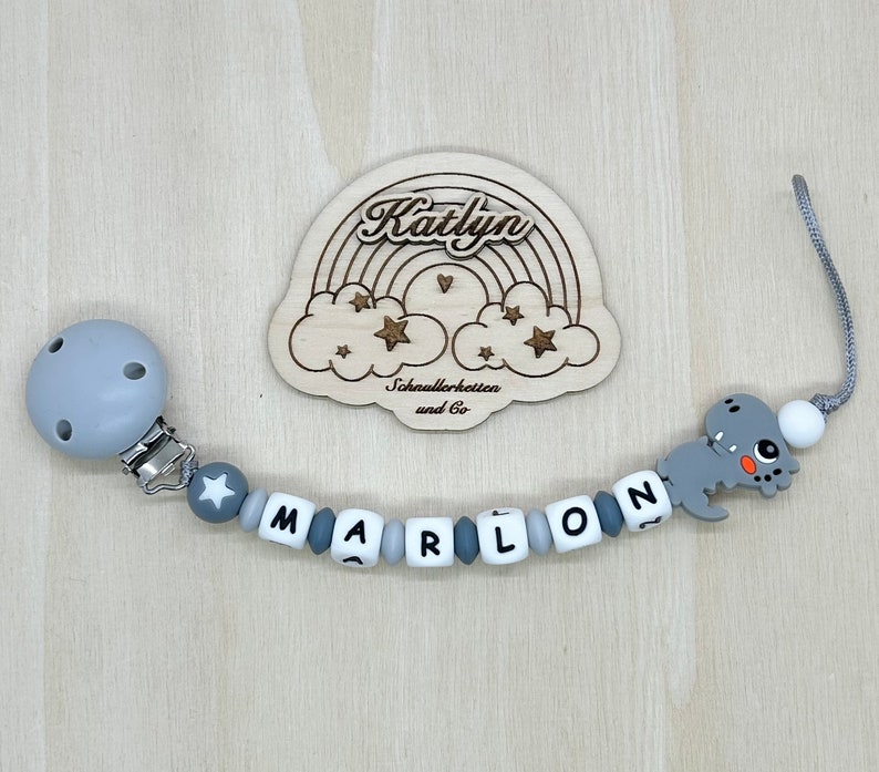 Babygeschenk Schnullerkette mit Name , kinderwagenkette, schlüsselanhänger und Greifling aus silikon perlen Dino Ring adaptor gratis Bild 2