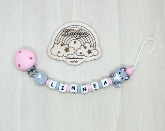 Babygeschenk Schnullerkette mit Name ,aus silikon perlen Fuchs +  Ring adaptor gratis