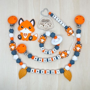 Babygeschenk Schnullerkette mit Name , kinderwagenkette, schlüsselanhänger und Greifling aus silikon perlen Fuchs Ring adaptor gratis Bild 1