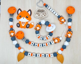 Babygeschenk Schnullerkette mit Name , kinderwagenkette, schlüsselanhänger und Greifling  aus silikon perlen Fuchs +  Ring adaptor gratis