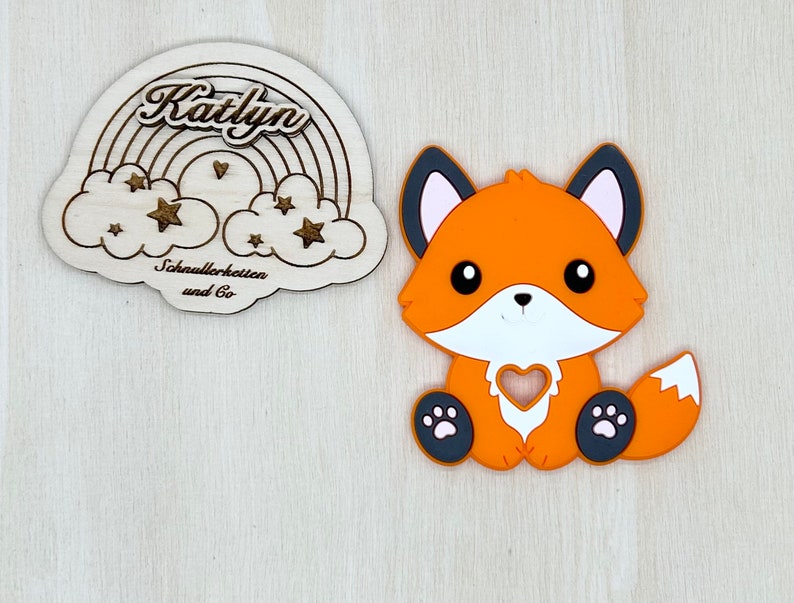 Babygeschenk Schnullerkette mit Name , kinderwagenkette, schlüsselanhänger und Greifling aus silikon perlen Fuchs Ring adaptor gratis Bild 6