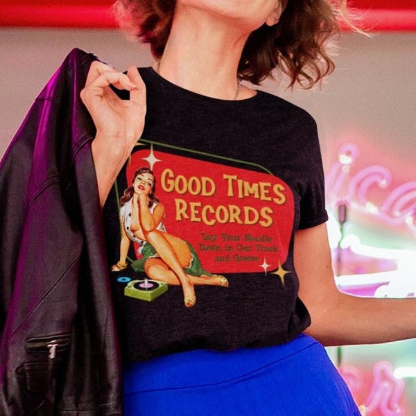 Retro 1950's Record Store Logo Black T-Shirt Vintage Sexy Pin-Up Girl Tshirt Mid-Century Turntable T Shirt Dirty Joke Good Times Innuendo